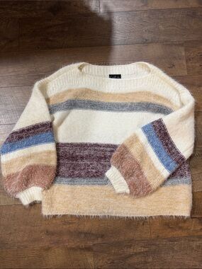 Buckle Cream Multi-Stripe Fuzzy Crewneck Sweater